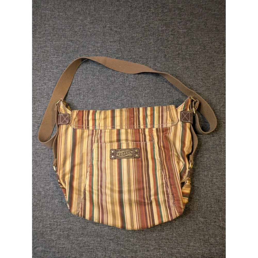 Vintage Fossil Crossbody Bag Multicolor Pockets Striped Boho Canvas Strap Purse